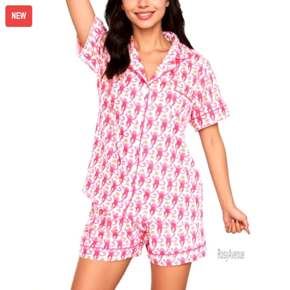 Women's Cotton-Blend Pajama Set, Short Sleeve Button-Down Top & Shorts, - Picture 6 of 8